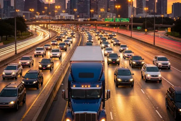 Camión de 18 ruedas en una autopista concurrida de Houston