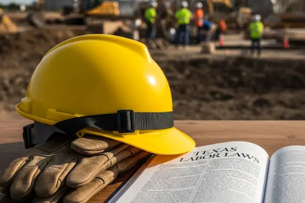 Casco y guantes de trabajo junto a un libro de leyes, representando los derechos de los trabajadores lesionados en Texas.