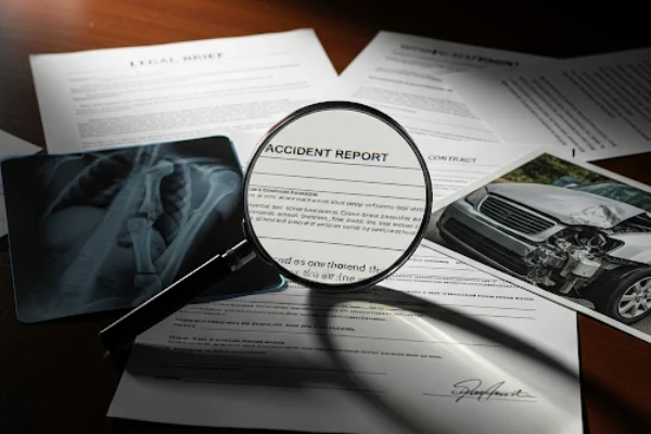 Lupa de detective examinando documentos de un caso de lesiones personales.