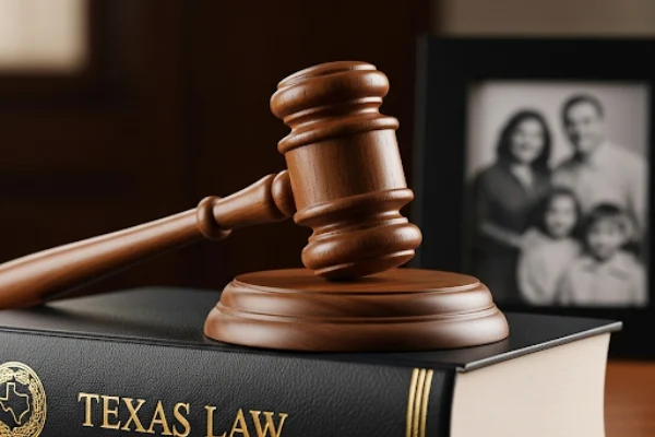 Mazo de juez y libro de leyes, simbolizando quién puede demandar por muerte por negligencia en Texas para honrar a su familia.