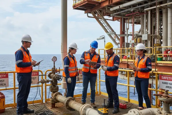 Equipo de seguridad inspeccionando una plataforma petrolera para prevenir explosiones.