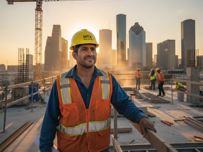Trabajador de construcción hispano en Houston mirando al horizonte